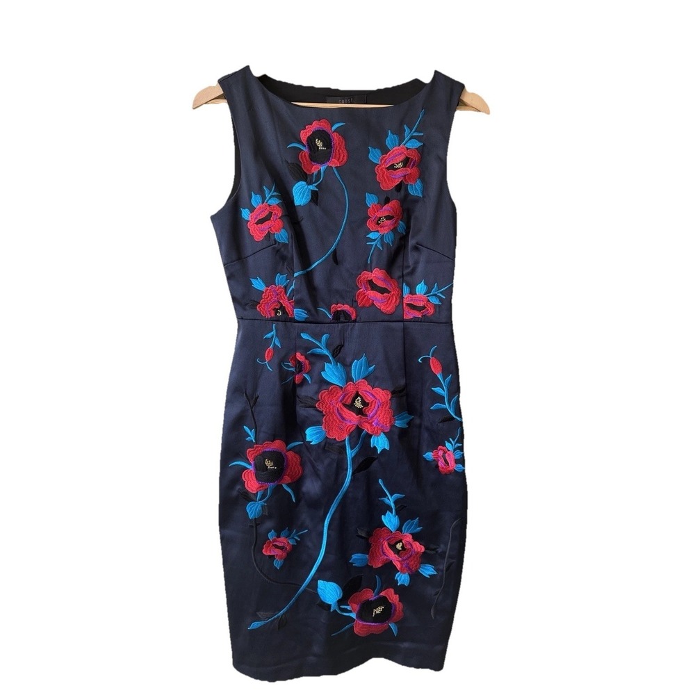 Coast Navy Floral Embroidered Sheath Dress Size 12 Cocktail Wedding Guest